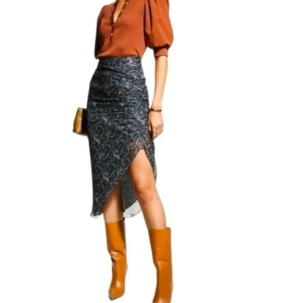 EUC Veronica Beard Herst Asymmetric Ruched Silk Midi Skirt 10